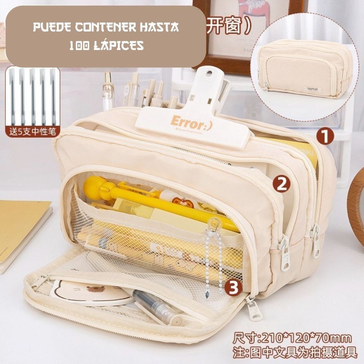 GENERICO - Cartuchera Traveler con múltiples cierres y gran capacidad