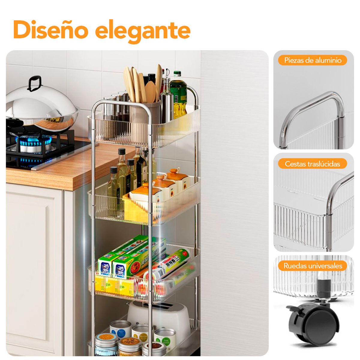 KELLER - Carrito Organizador 4 Niv Moderno Transparente con Ruedas Cocina T24