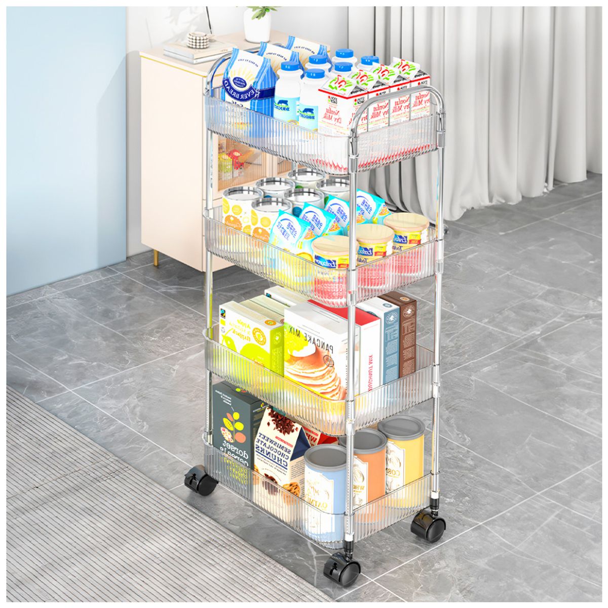 KELLER - Carrito Organizador 4 Niv Moderno Transparente con Ruedas Cocina T24