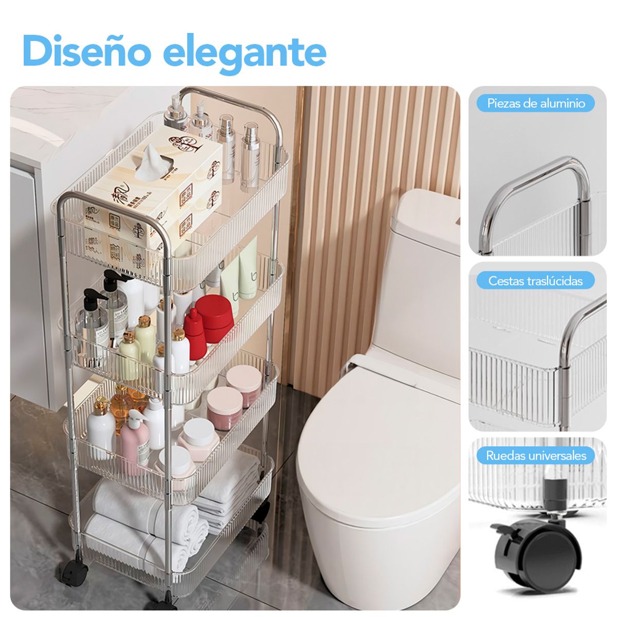 KELLER - Carrito Organizador 4 Niv Moderno Transparente con Ruedas de Baño T24