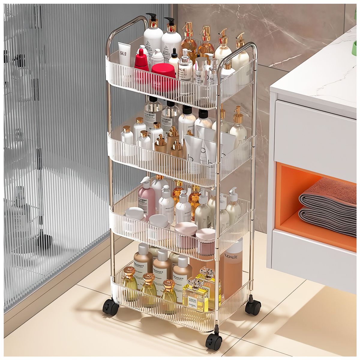 KELLER - Carrito Organizador 4 Niv Moderno Transparente con Ruedas de Baño T24