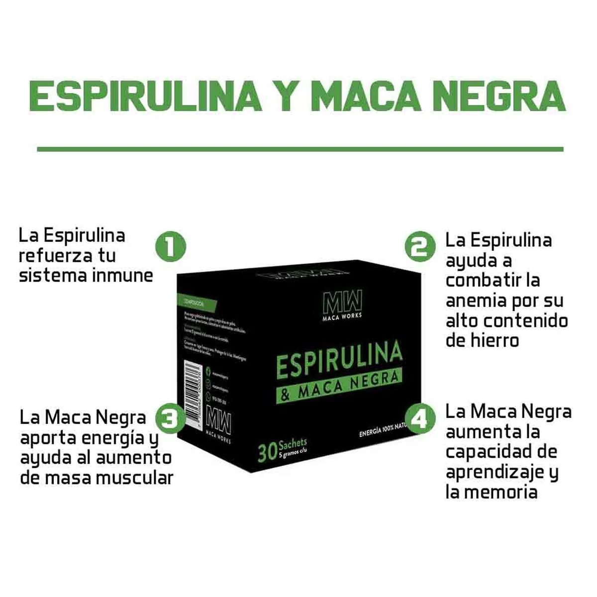 MACA WORKS - Espirulina & Maca Negra Caja 30 sachets 5g c/u Maca Works