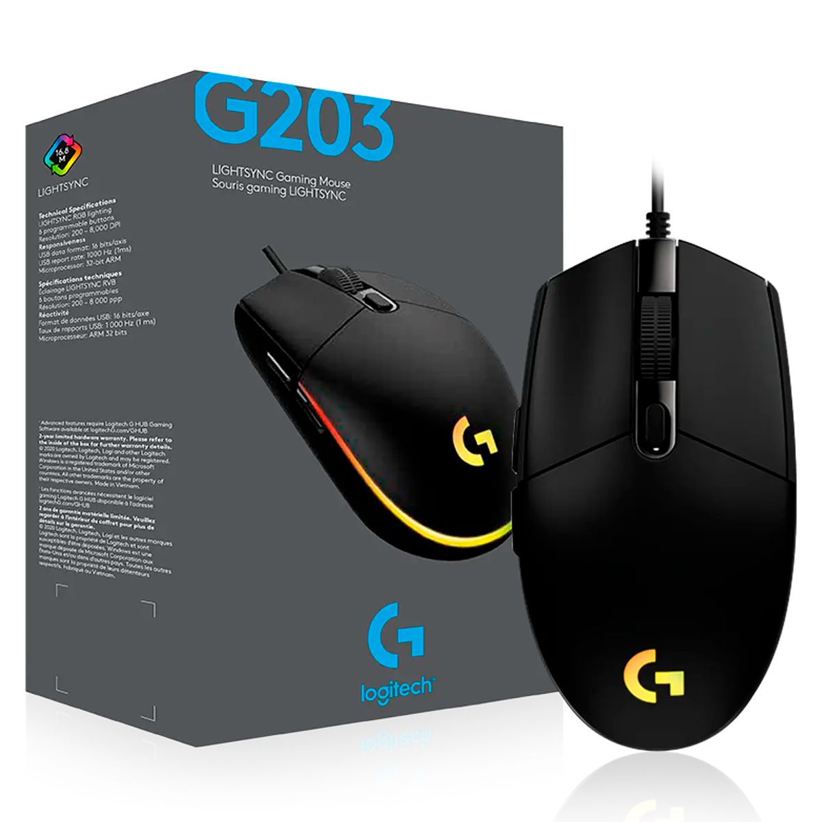 LOGITECH - MOUSE LOGITECH G203 RGB LIGHTSYNC 8000 DPI BLACK NEGRO