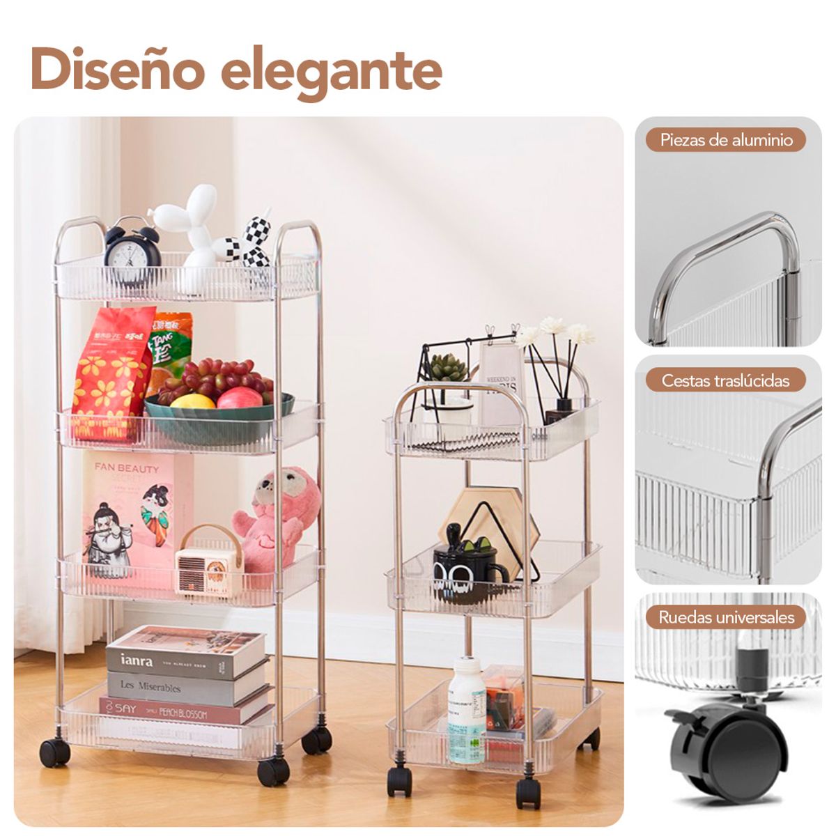 KELLER - Carrito Organizador 4Niv Transparente conRuedas Oficina T24