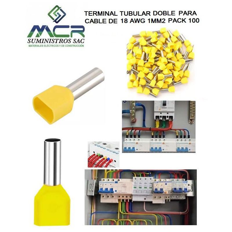 GENERICO - TERMINAL TUBULAR DOBLE PARA CABLE 18AWG 1MM2 PAQ100UND