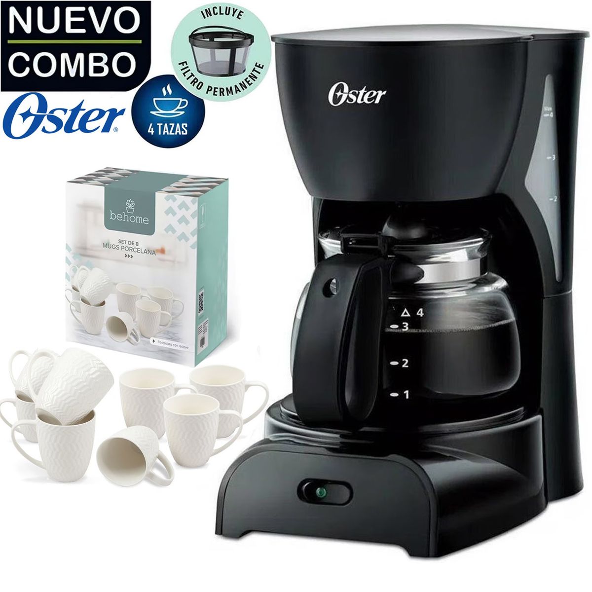 OSTER - Cafetera Oster BVSTDCDR5B De 4 Tazas + Set de tazas