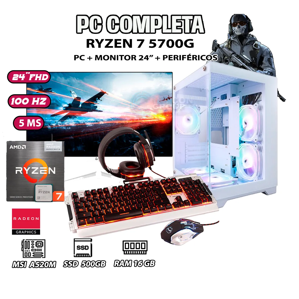 AMD - Computadora PC GAMER MV5 WHITE Ryzen 7 5700G RAM 16GB SSD 500GB MONITOR 24" FHD