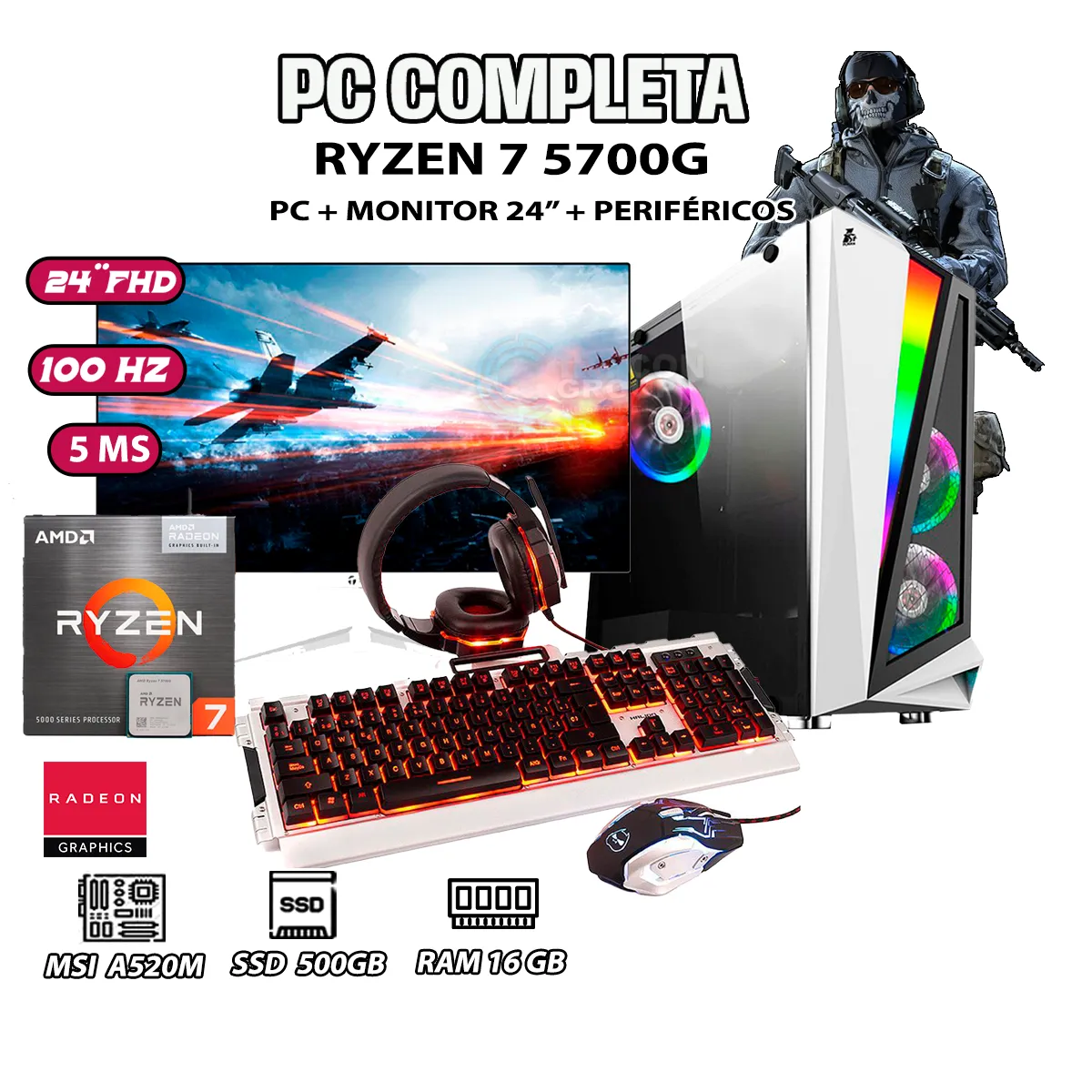 AMD - Computadora PC GAMER R5 WHITE Ryzen 7 5700G RAM 16GB SSD 500GB MONITOR 24" FHD