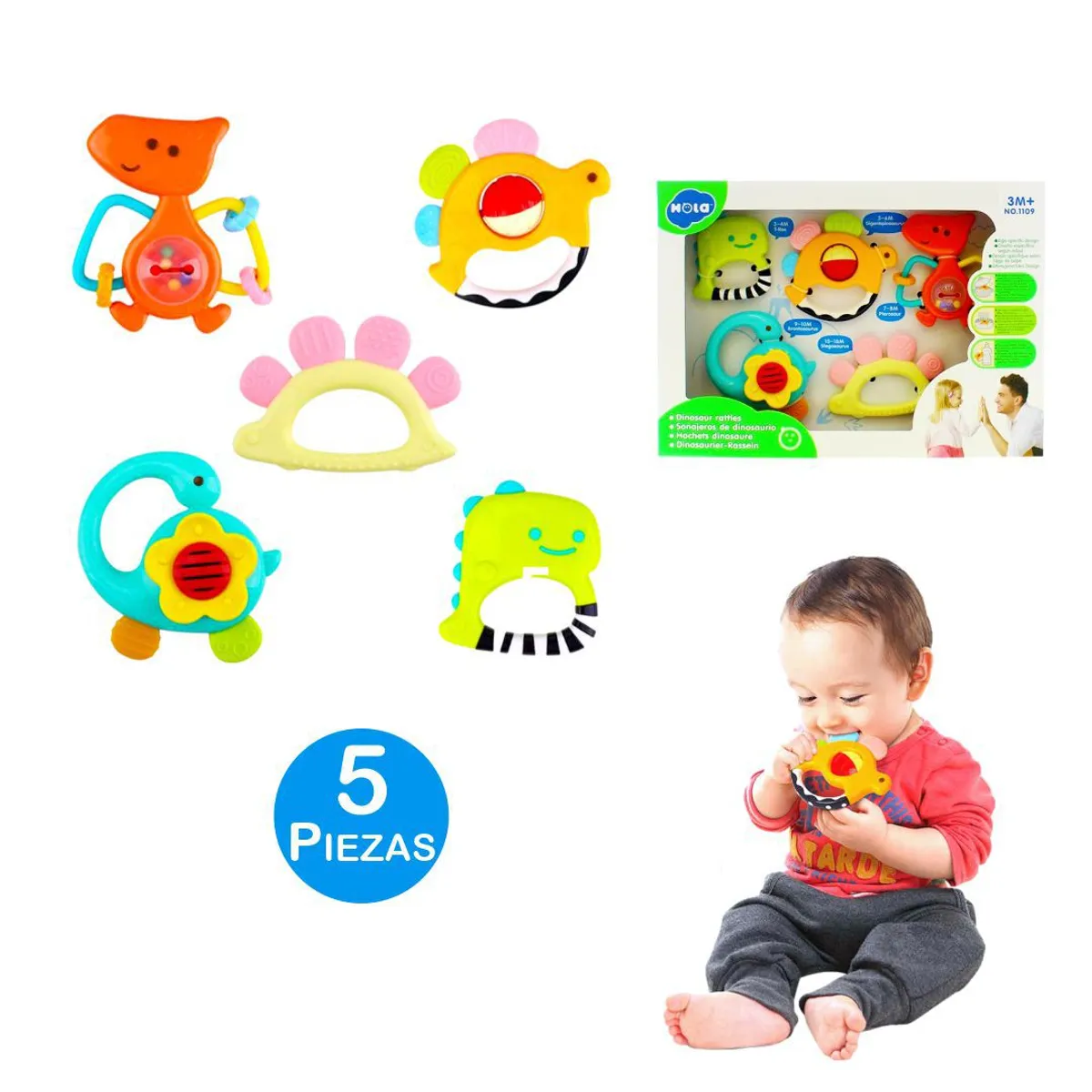 BABY - Set de 5 Juguetes Sonajeros y Mordedores de Dinosaurios