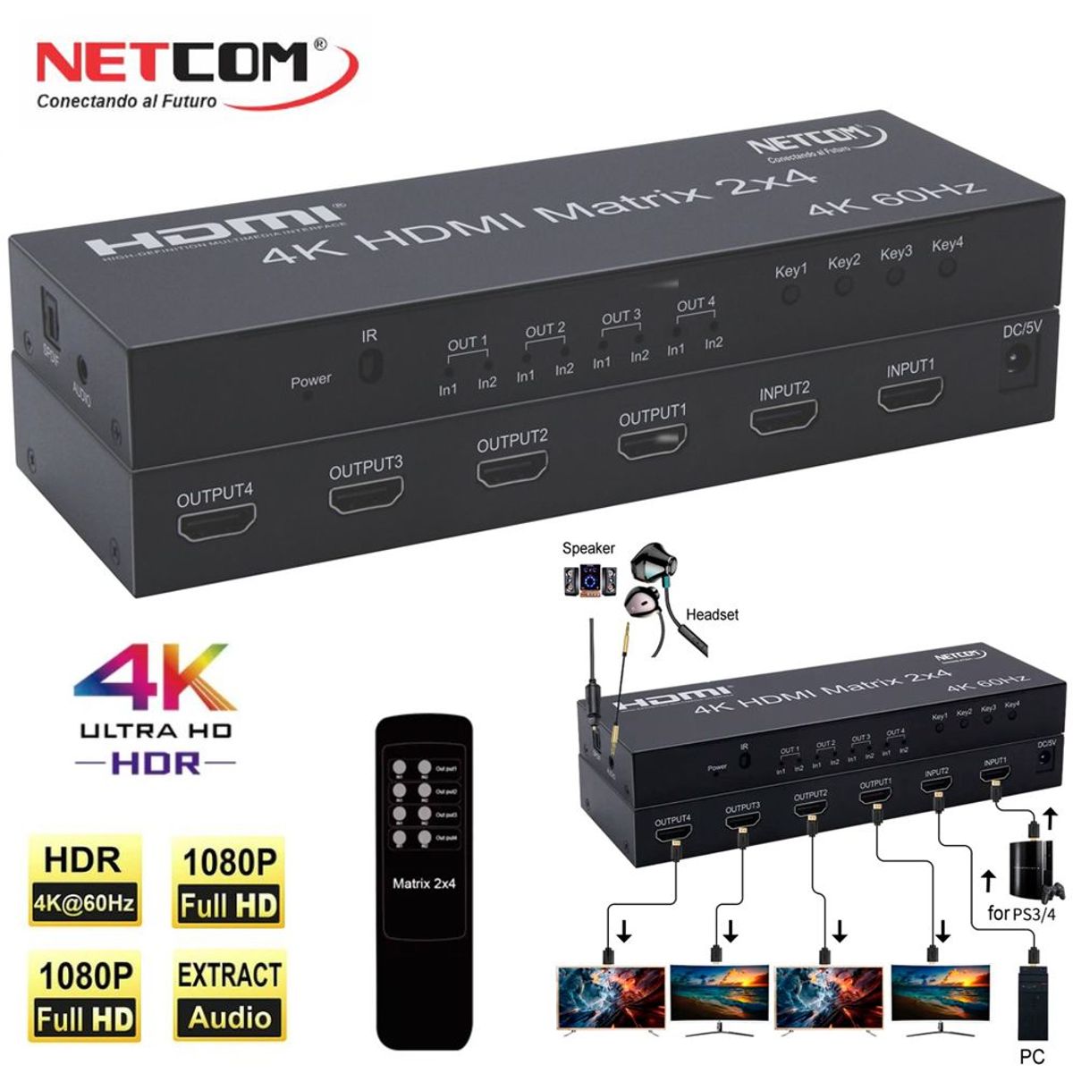 GENERICO - Matrix HDMI 2x4 Puertos Version 2.0 4K 60Hz Splitter Switch HDMI HDR