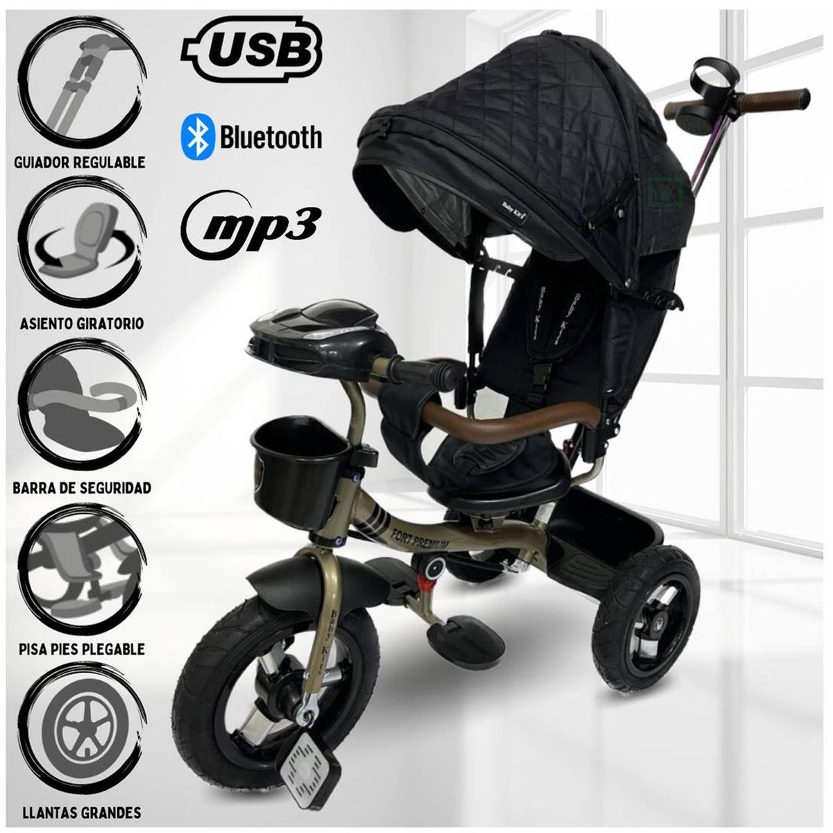 BABY KITS - Triciclo Guiador 3 en 1 «FORT PREMIUM» USB Negro