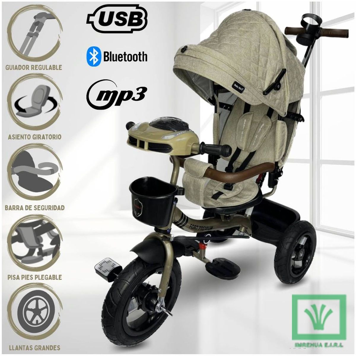 BABY KITS - Triciclo Guiador 3 en 1 «FORT PREMIUM» USB Beige