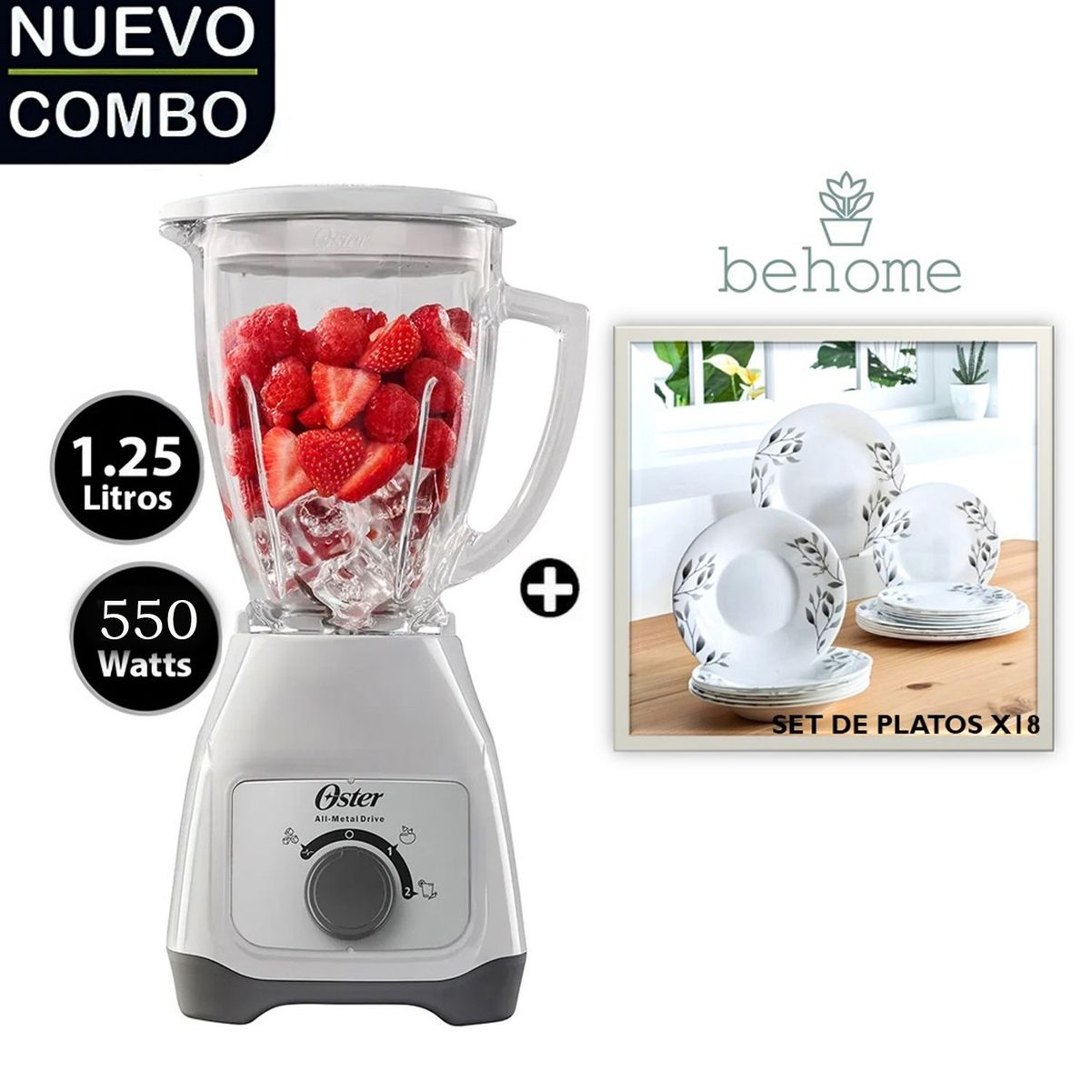 OSTER - Licuadora BLSTKAG-WRD 2VPulso 125lt +Set de Platos