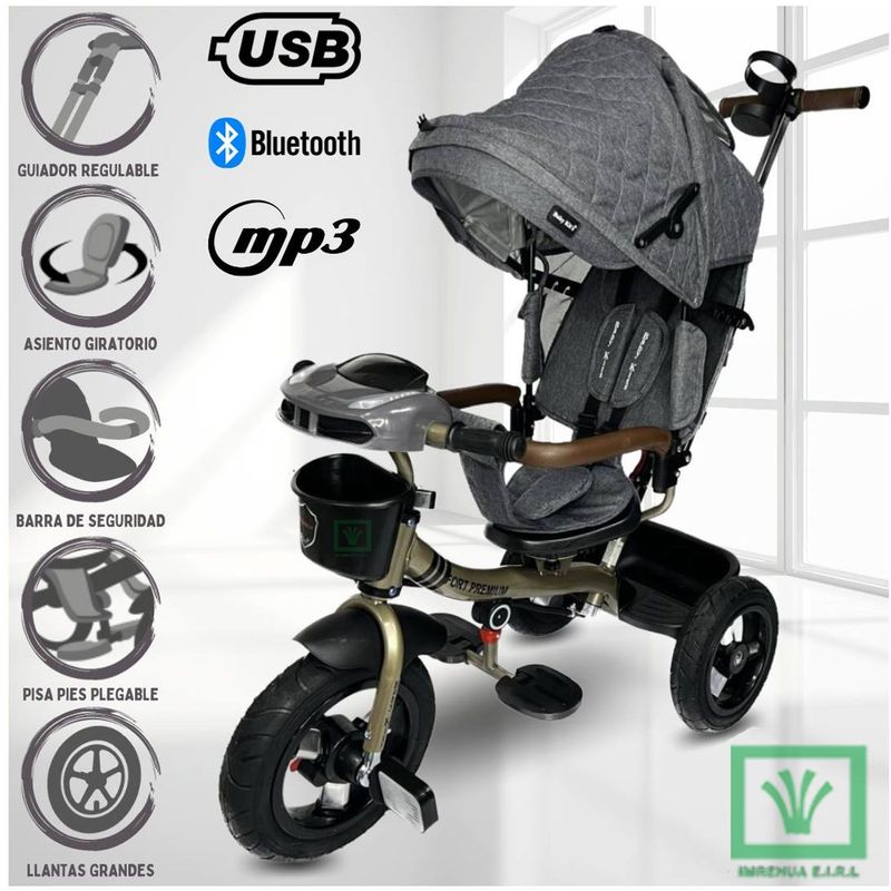 BABY KITS - Triciclo Guiador 3 en 1 «FORT PREMIUM» USB Gris
