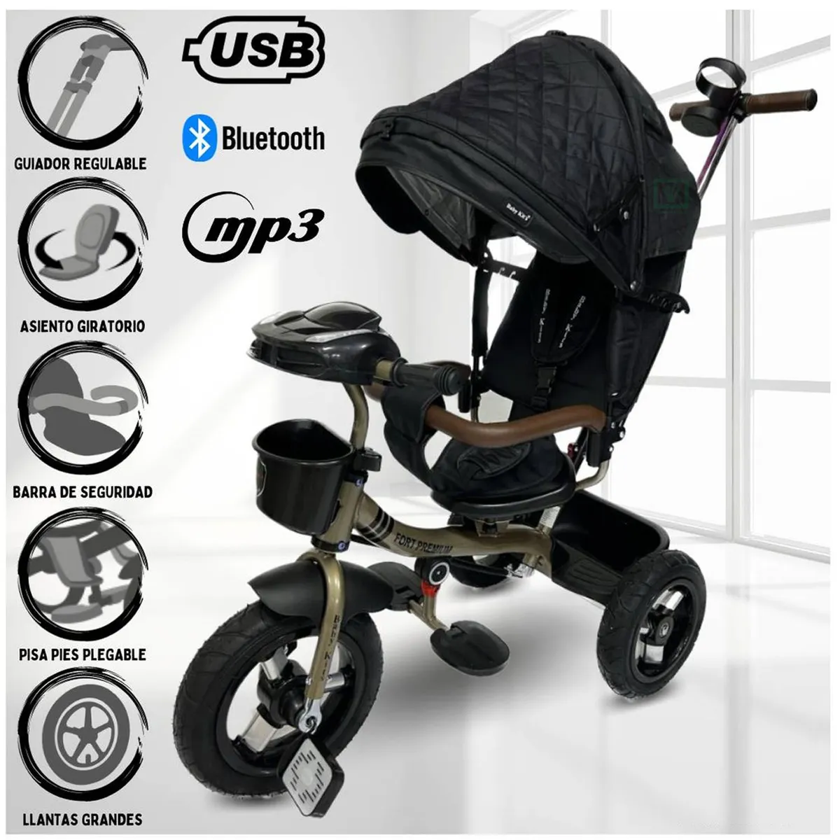 BABY KITS - Triciclo Guiador 3 en 1 «FORT PREMIUM» USB Negro