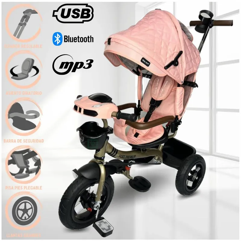 BABY KITS - Triciclo Guiador 3 en 1 «FORT PREMIUM» USB Rosado
