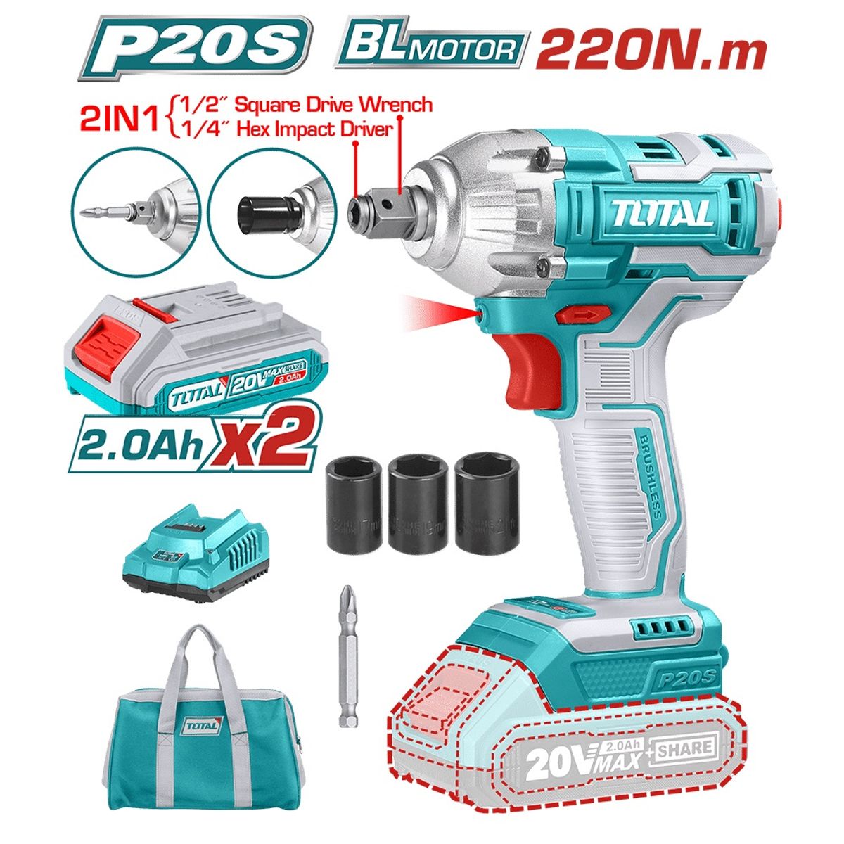 TOTAL TOOLS - LLAVE DE IMPACTO ATORNILLADOR INDUSTRIAL 20V 220NM  2 EN 1 (1/2" Y  1/4") SIN CARBÓN TIWLI20208