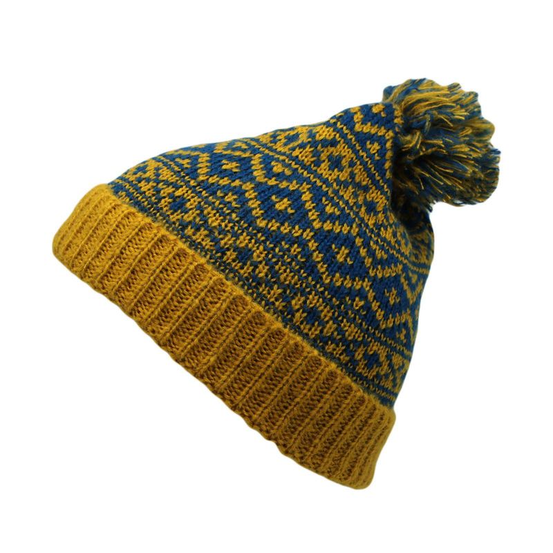 KAST PE - Gorro Beanie Bawei Lana Suave con Pompon Amarillo con turquesa
