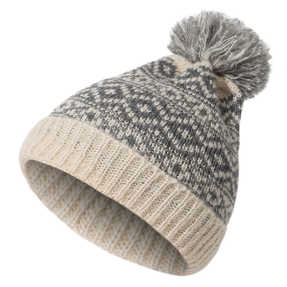 KAST PE - Gorro Beanie Bawei de Lana Suave con Pompon - Beige con Gris