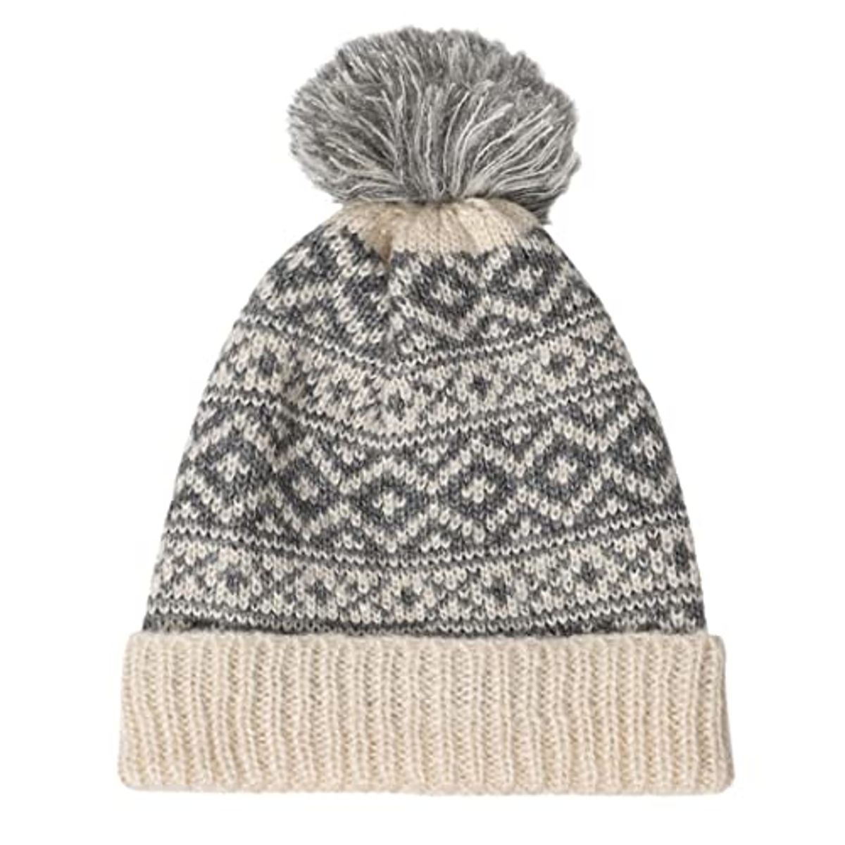 KAST PE - Gorro Beanie Bawei de Lana Suave con Pompon - Beige con Gris