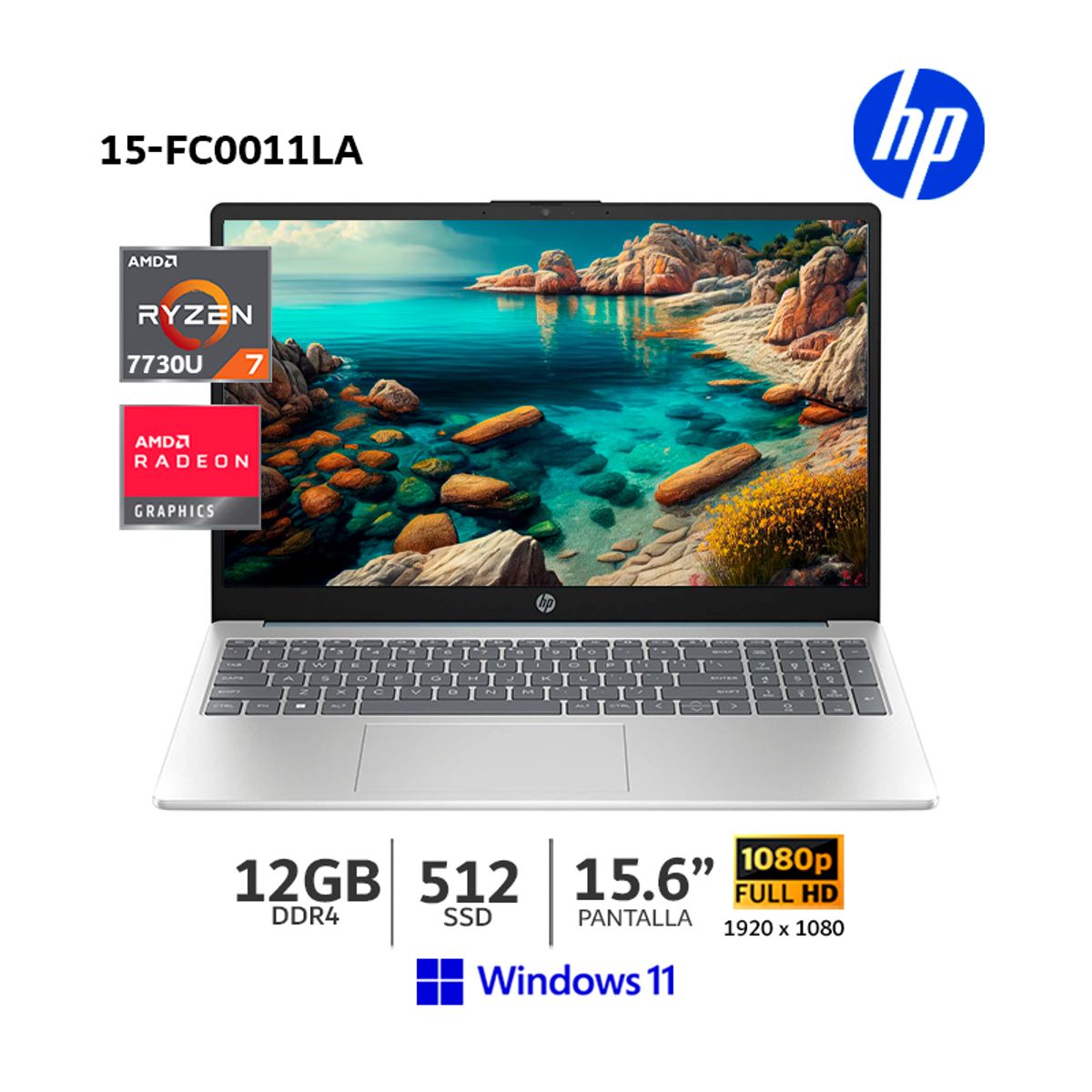 HP - Laptop HP 15-FC0011LA  AMD Ryzen 7 7730U/ 512Gb SSD/ 12Gb Ram/ 15.6”/ Wind 11/ Azul