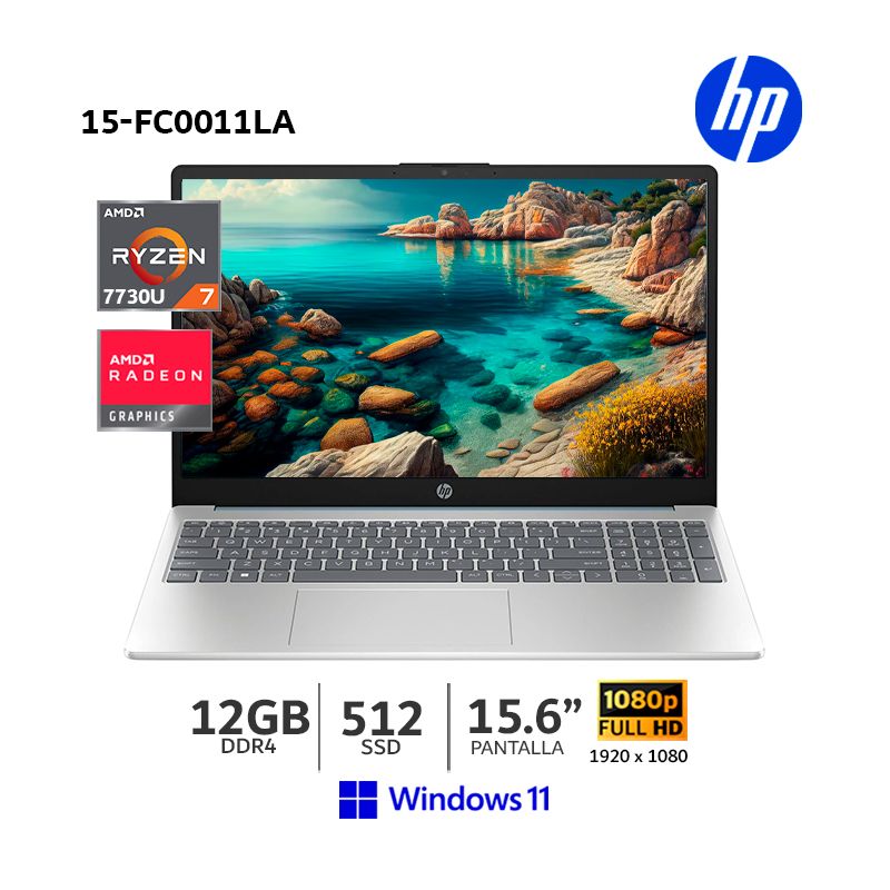 HP - Laptop HP 15-FC0011LA  AMD Ryzen 7 7730U/ 512Gb SSD/ 12Gb Ram/ 15.6”/ Wind 11/ Azul