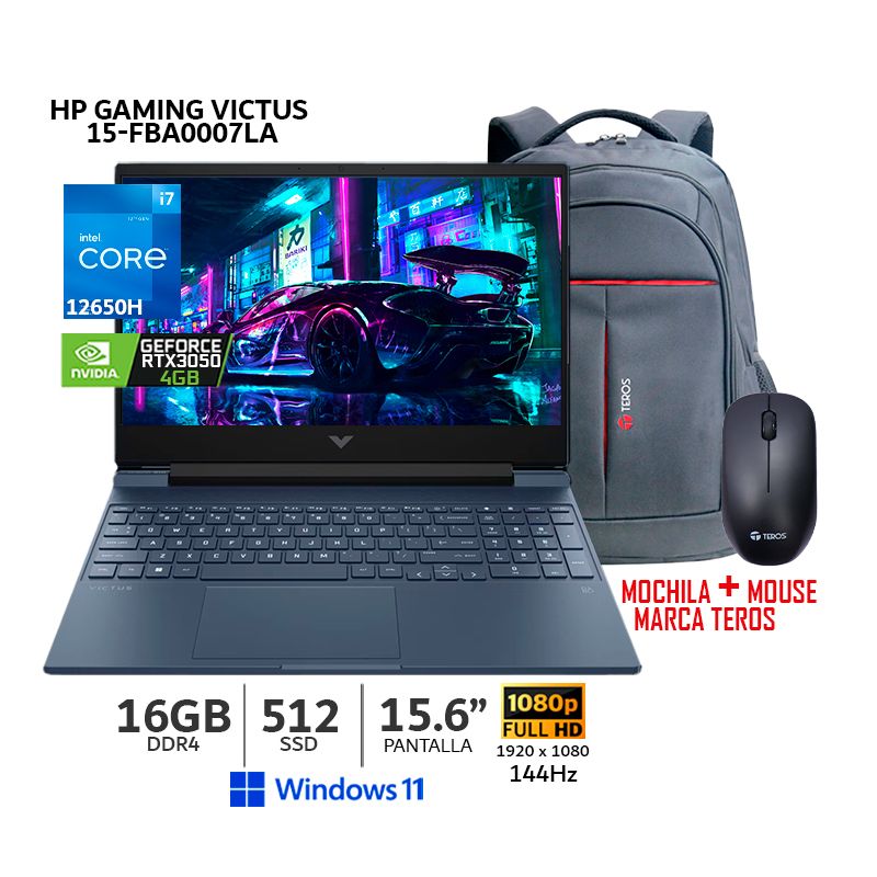 HP - Laptop HP Victus 15-FA0007LA i7-12650H 16Gb Ram/ 512Gb SSD/ T.Video RTX 3050 4Gb/ 15.6 FHD/ Wind 11