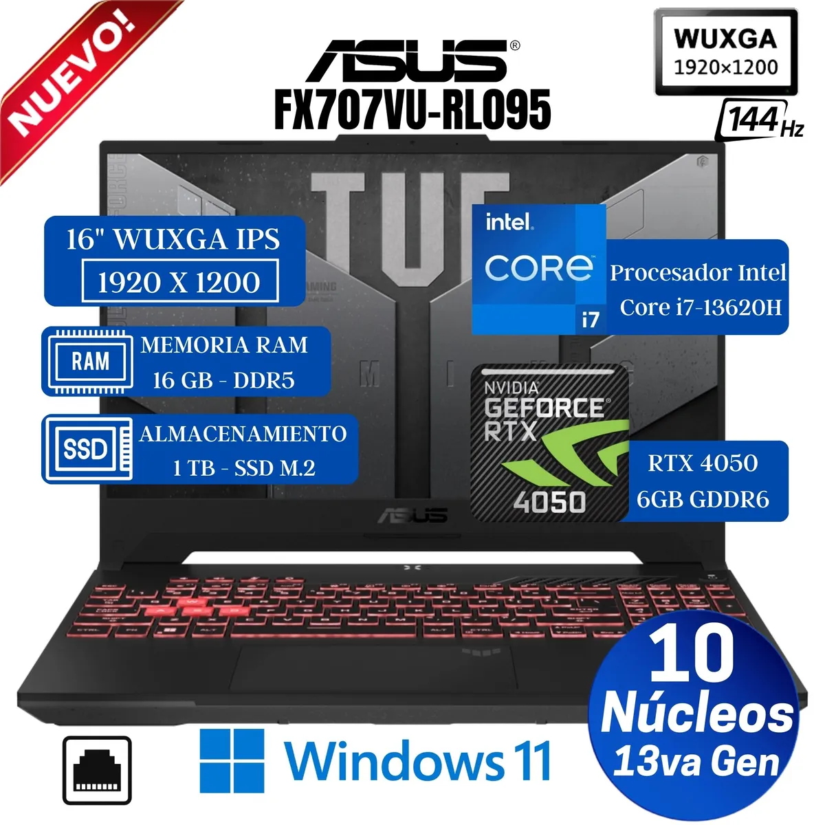 ASUS - Laptop ASUS Tuf F16 FX607VU-RL095 16" WUXGA, Core i7-13620H, Ram 16GB, Ssd 1TB, Rtx 4050 6GB, Win 11