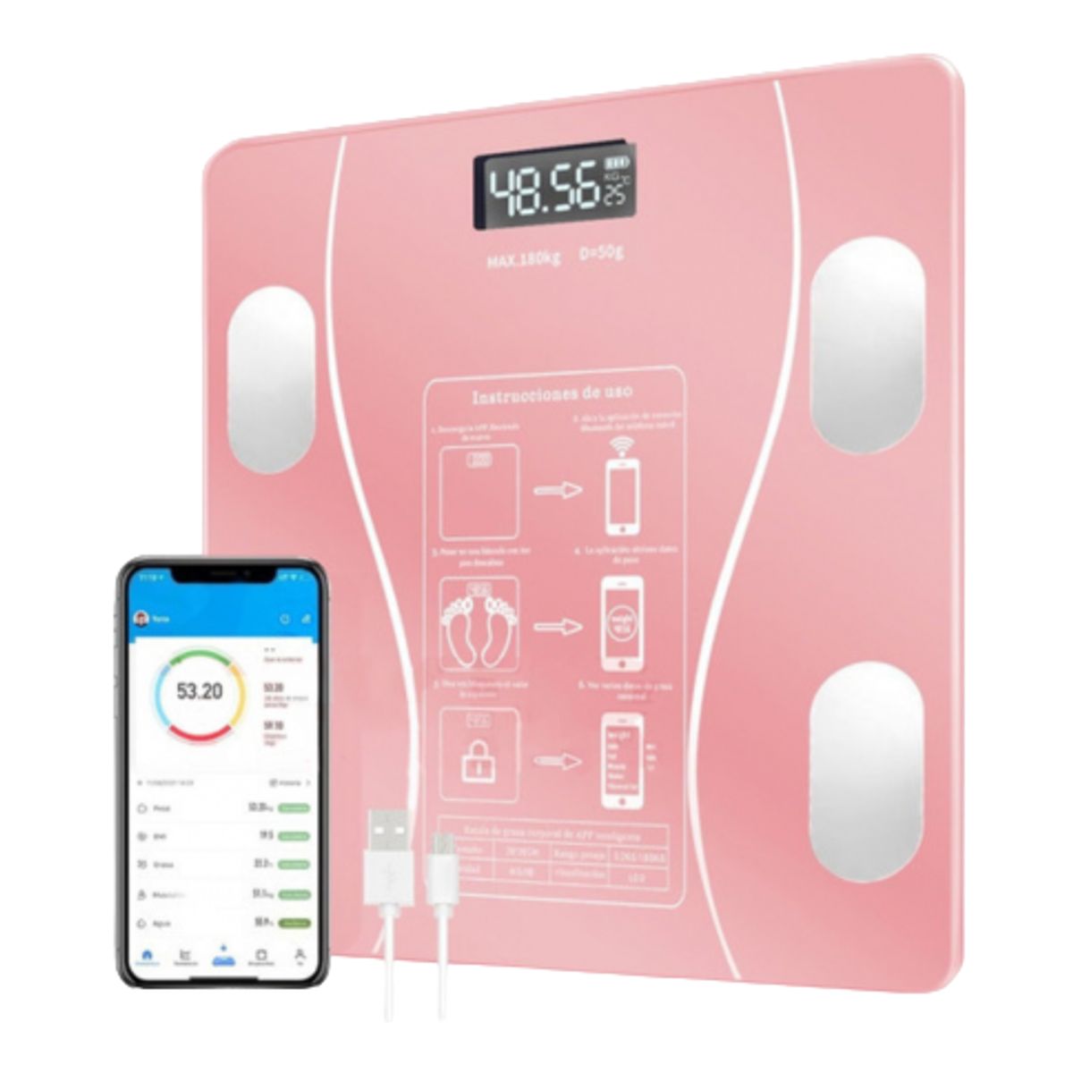 GENERICO - BALANZA DIGITAL BLUETOOTH CAPACIDAD 180 KG – A PILAS - ROSADO