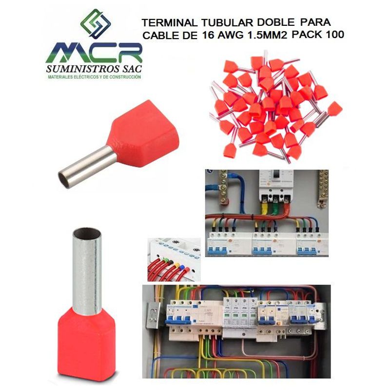 GENERICO - TERMINAL TUBULAR DOBLE PARA CABLE 16AWG 1,5 MM2 PAQ100UND