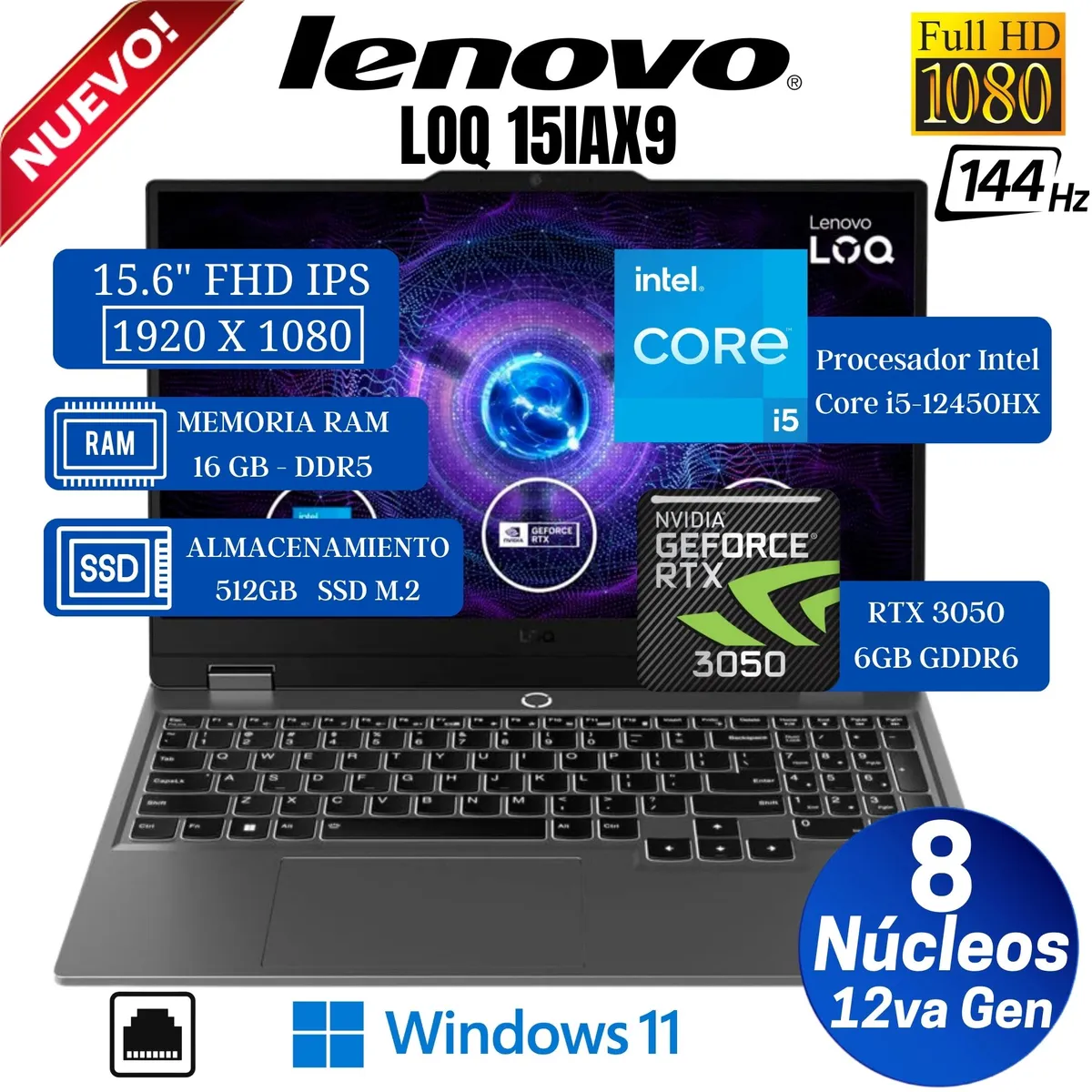 LENOVO - Laptop Lenovo LOQ 15IAX9 15.6"  FHD IPS, Core i5-12450HX, Ram 16GB, Ssd 512GB, Rtx 3050, Win 11