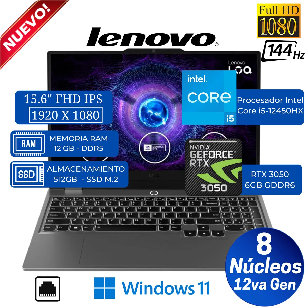 LENOVO - Laptop Lenovo LOQ 15IAX9 15.6" FHD IPS, Core i5-12450HX, Ram 12GB, Ssd 512GB, Rtx 3050 6GB, Win 11
