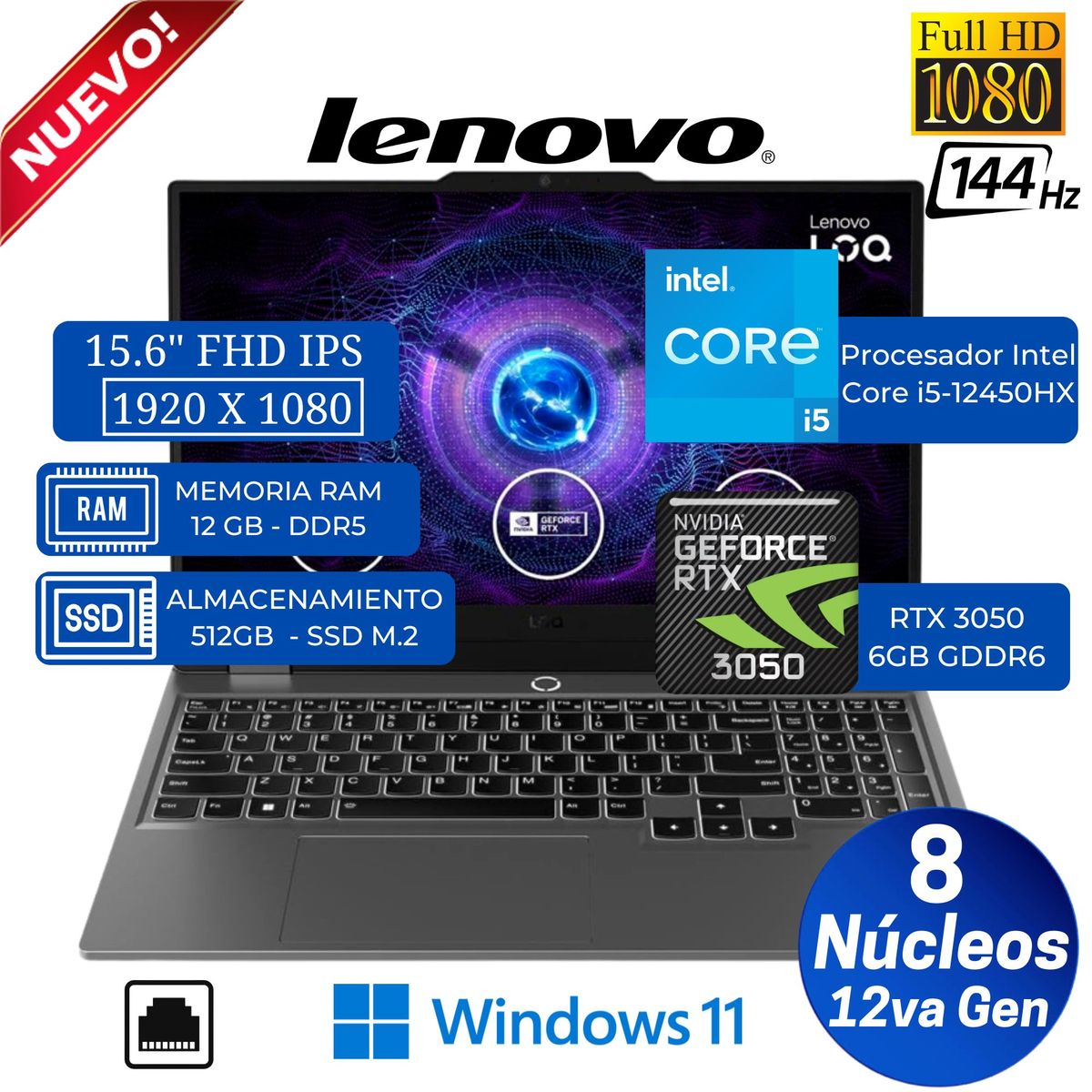 LENOVO - Laptop Lenovo LOQ 15IAX9 15.6" FHD IPS, Core i5-12450HX, Ram 12GB, Ssd 512GB, Rtx 3050 6GB, Win 11