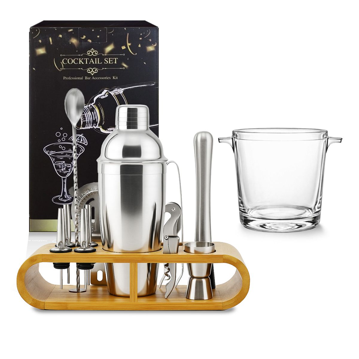 GENERICO - Set de Bar Profesional Deluxe x 12 Piezas de Acero Inox. + Hielera Cristar Artic 0310AL