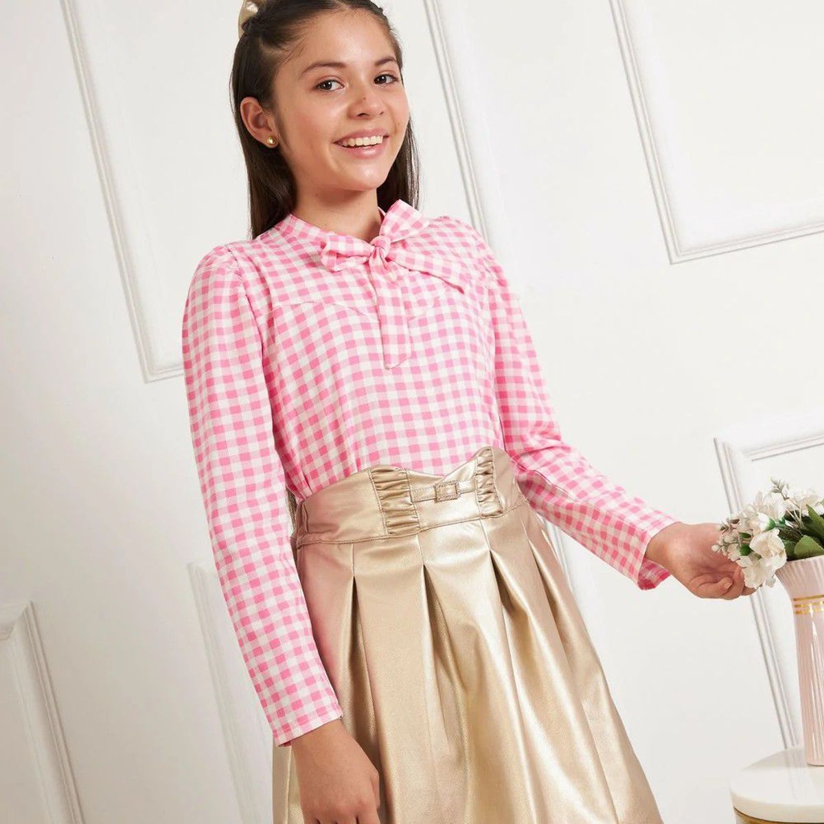 KIDS MASHMELO - Blusa de Cuadros con Lazo en el Cuello para Niña Kids Mashmelo