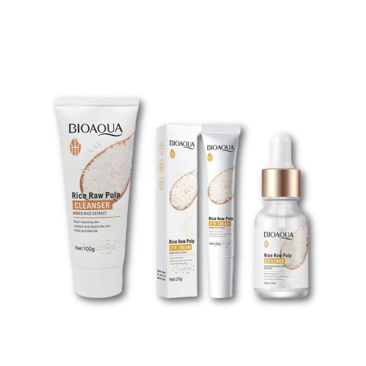 BIOAQUA - Pack Limpiador Facial + Contorno de ojos + Serum de Arroz
