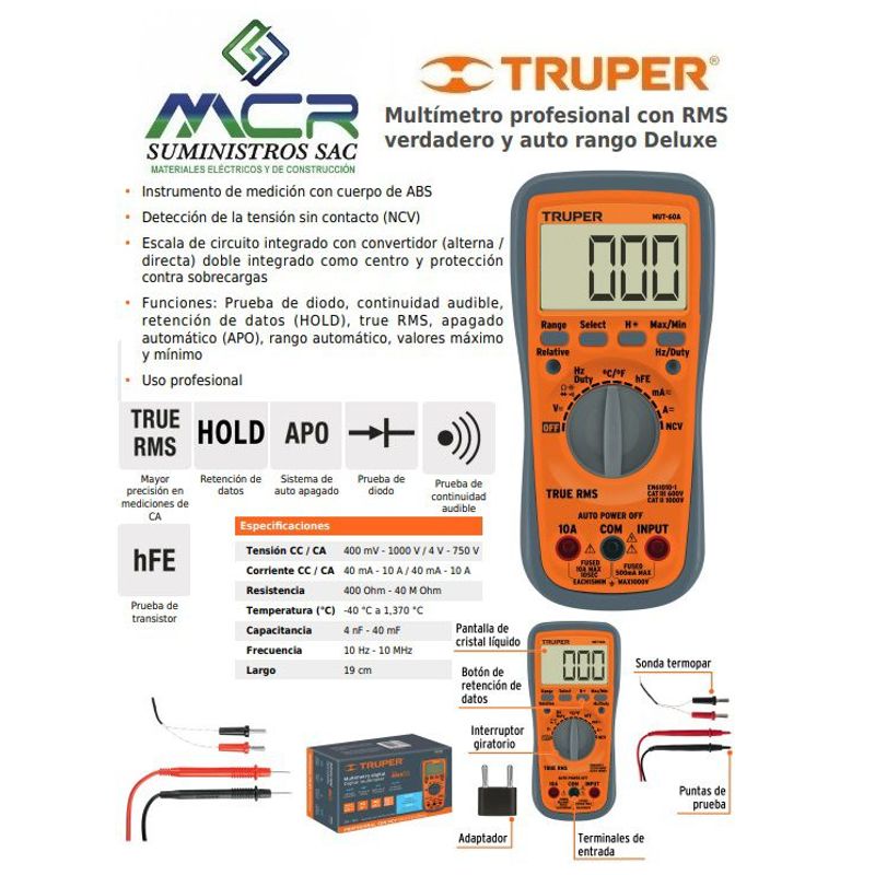 TRUPER - Multimetro profesional con RMS y autorang Delux 750-1000V AC-CC TRUPER
