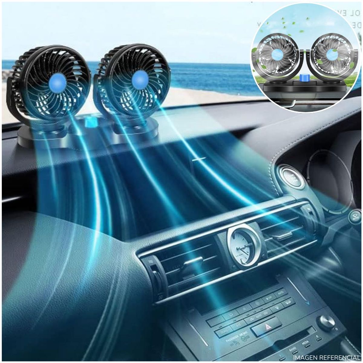 GENERICO - Mini ventilador de auto doble cabezal 360 Portátil 12v