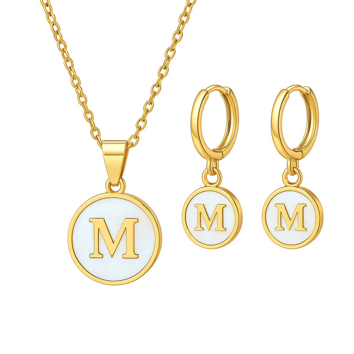 GENERICO - Collar + Aretes Inicial Nácar letra M Mujer