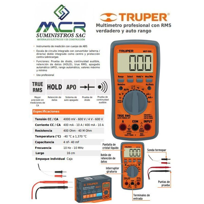 TRUPER - Multimetro profesional con RMS y auto rango 600V AC CC TRUPER