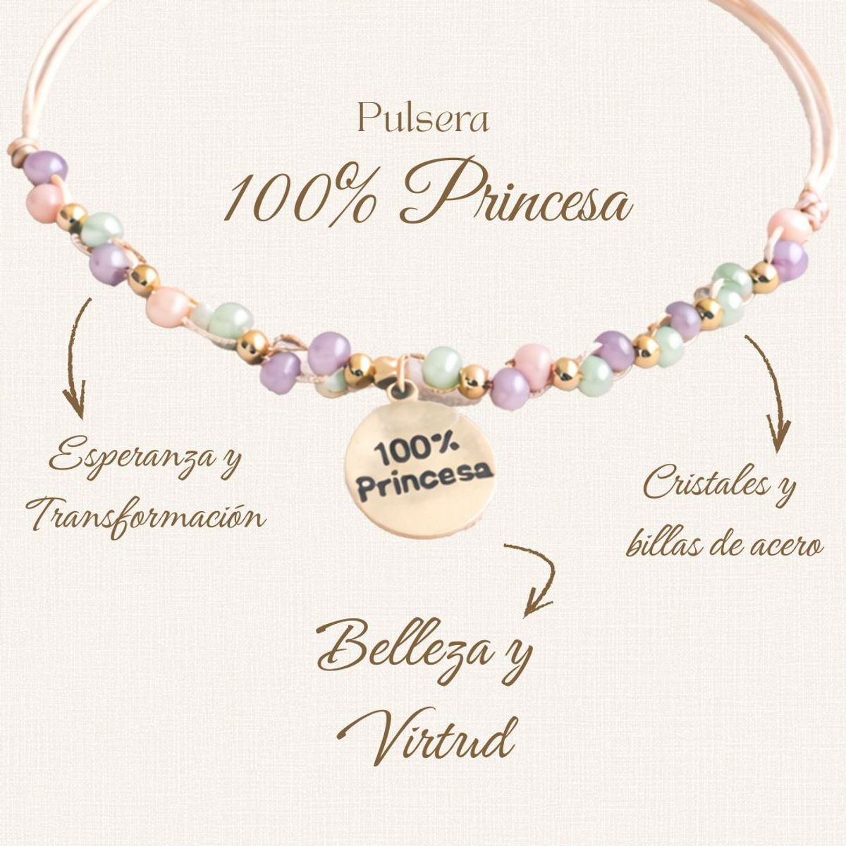 FERNANDA ROMERO JOYAS Y ACCESORIOS - Pulsera 100% Princesa Beige Tejida a Mano Cristales engastados y Acero
