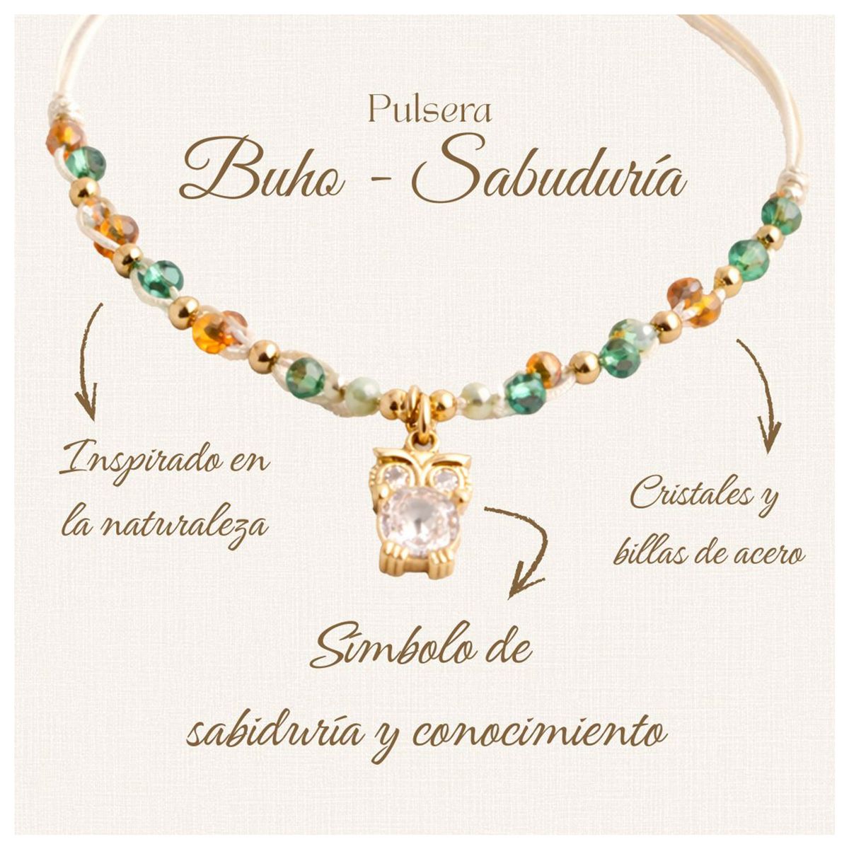 FERNANDA ROMERO JOYAS Y ACCESORIOS - Pulsera Buho Sabiduría - Tejida a Mano Cristales engastados y Acero