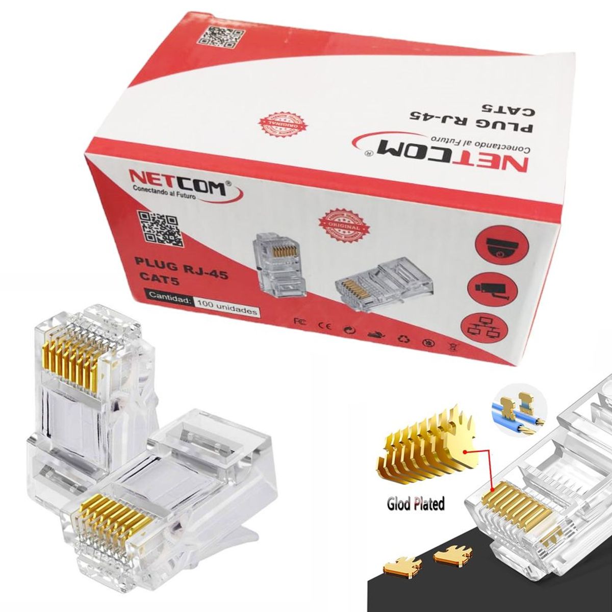 NETCOM - Plug Conector Rj45 Cat 5 Cat5e NETCOM Para Extensión X 100 Unidades