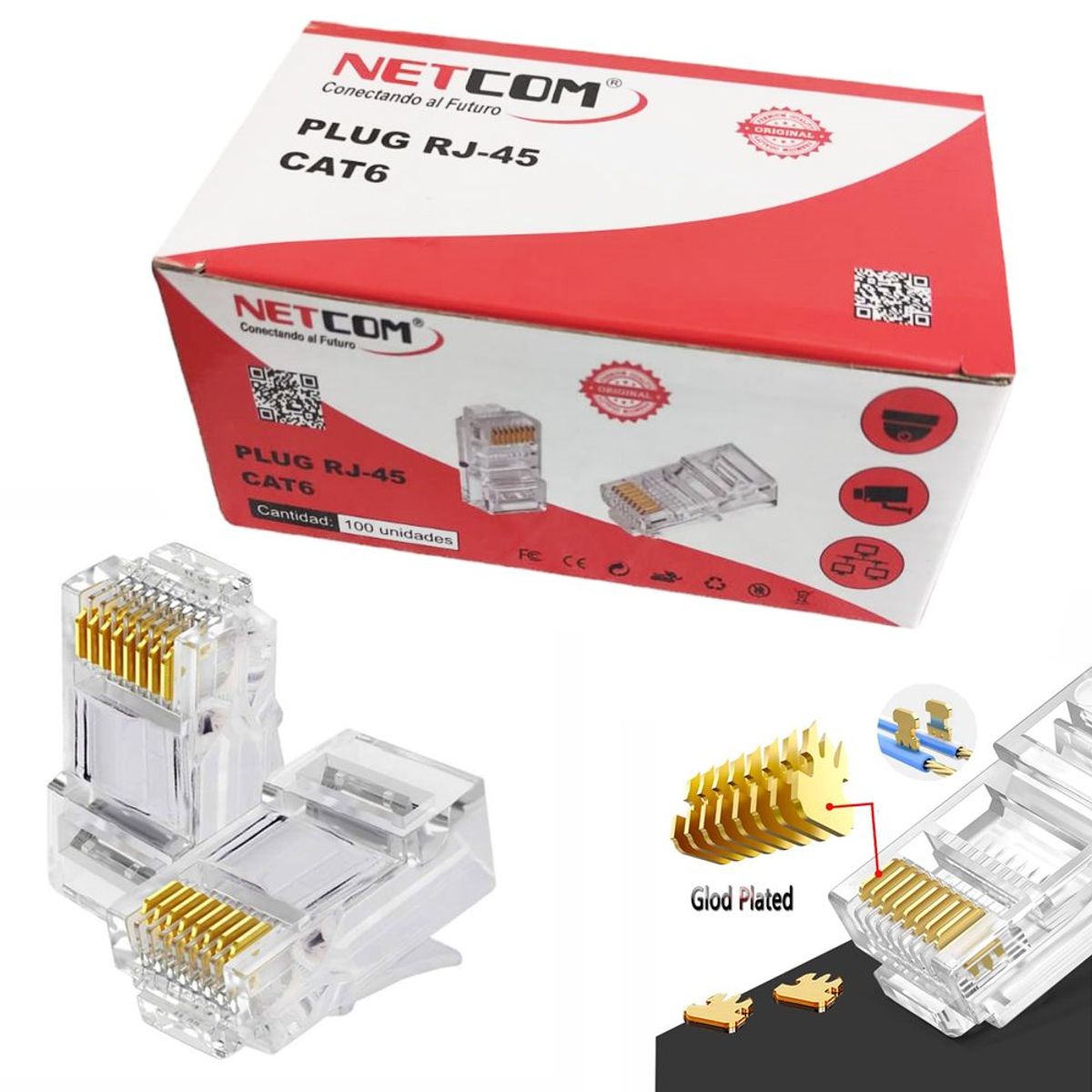 NETCOM - Plug Conector Rj45 Cat 6 Cat6e NETCOM Para Extensión X 100 Unidades