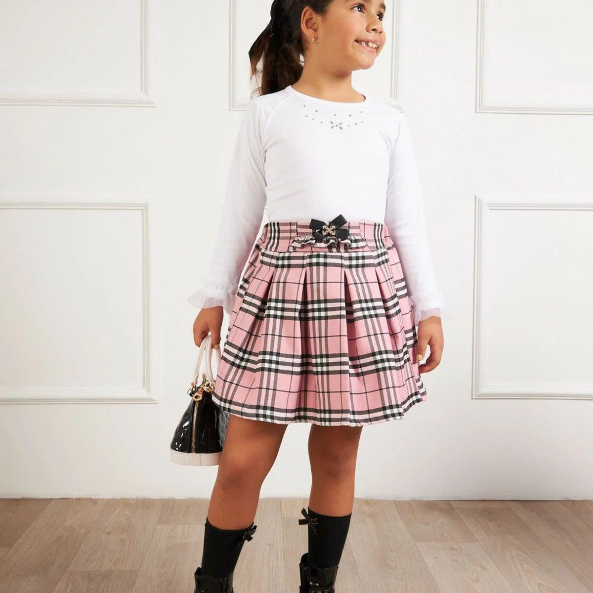 KIDS MASHMELO - Falda Escocesa con Fruncido y Lazo Central para Niña Kids Mashmelo