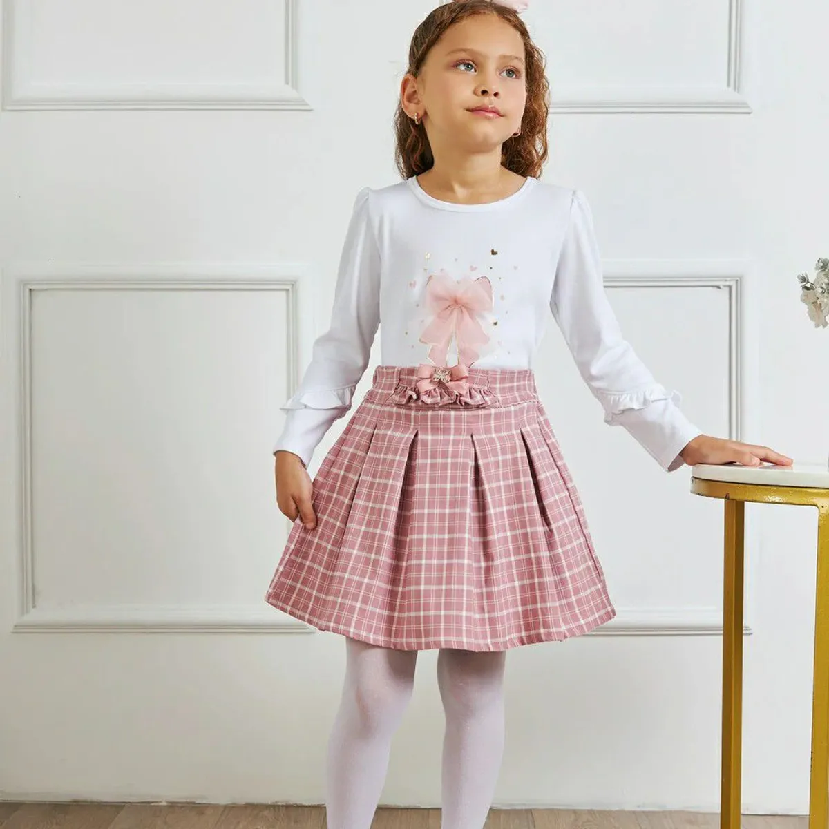 KIDS MASHMELO - Falda Escocesa con Fruncido y Lazo Central para Niña Kids Mashmelo