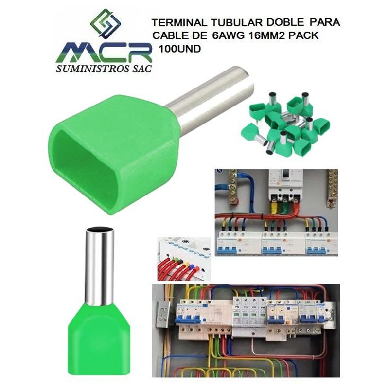 GENERICO - TERMINAL TUBULAR DOBLE PARA CABLE 6AWG 16MM2 PAQ100UND