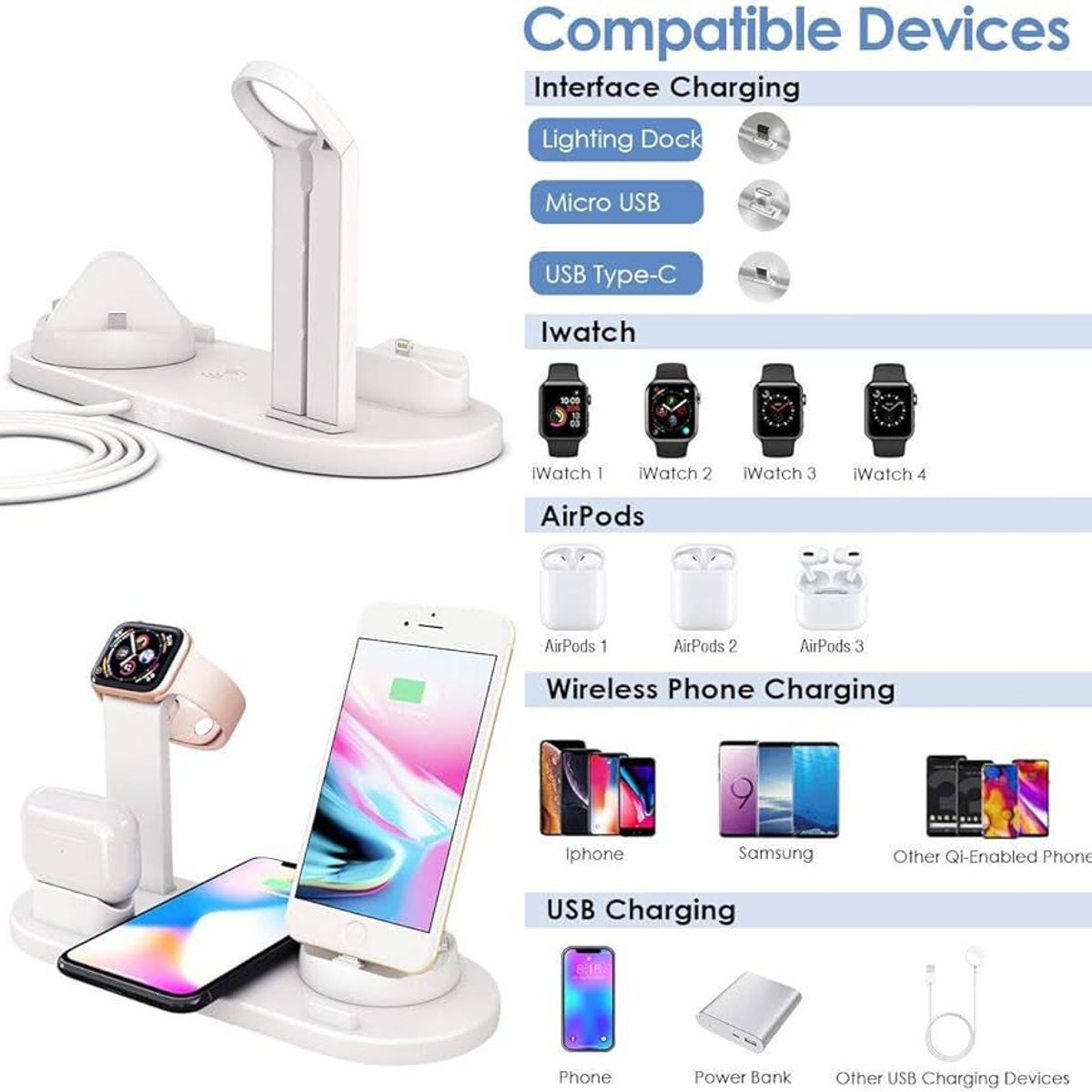 GENERICO - Cargador Inalámbrica Base Estación Carga 4 en 1Celular SmartWatch