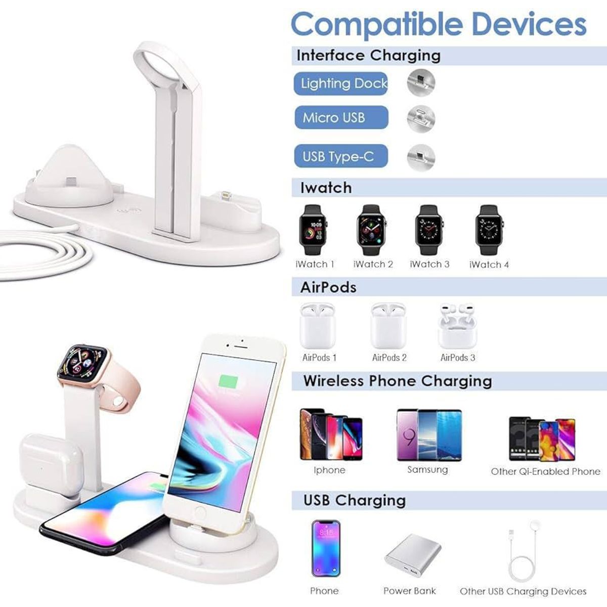 GENERICO - Cargador Inalámbrica Base Estación Carga 4 en 1Celular SmartWatch