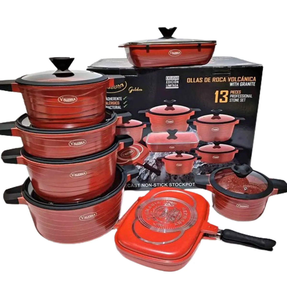 VALESKA - JUEGO DE OLLAS ROCA VOLCANICA  VALESKA ROJO - 13 PZ